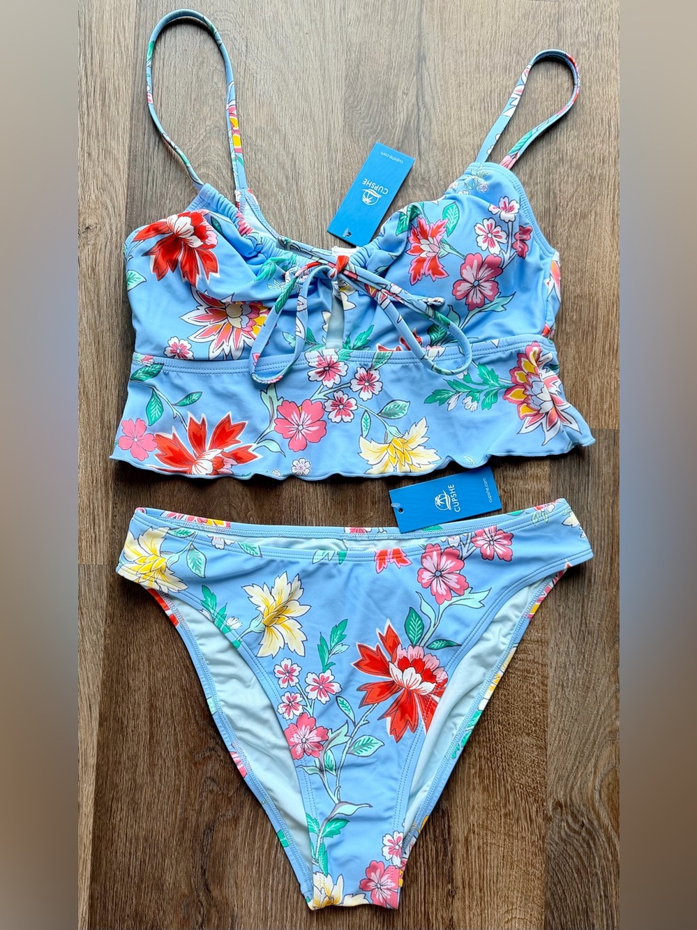CUPSHE | Floral | Ruffle | Bikini Top | Bottom | Set | Mid-Rise | Adjustable